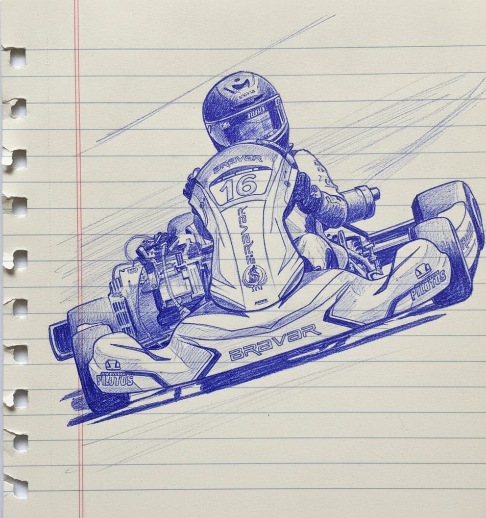 Ilustração em caneta de Miguel Mesquita no kart #16